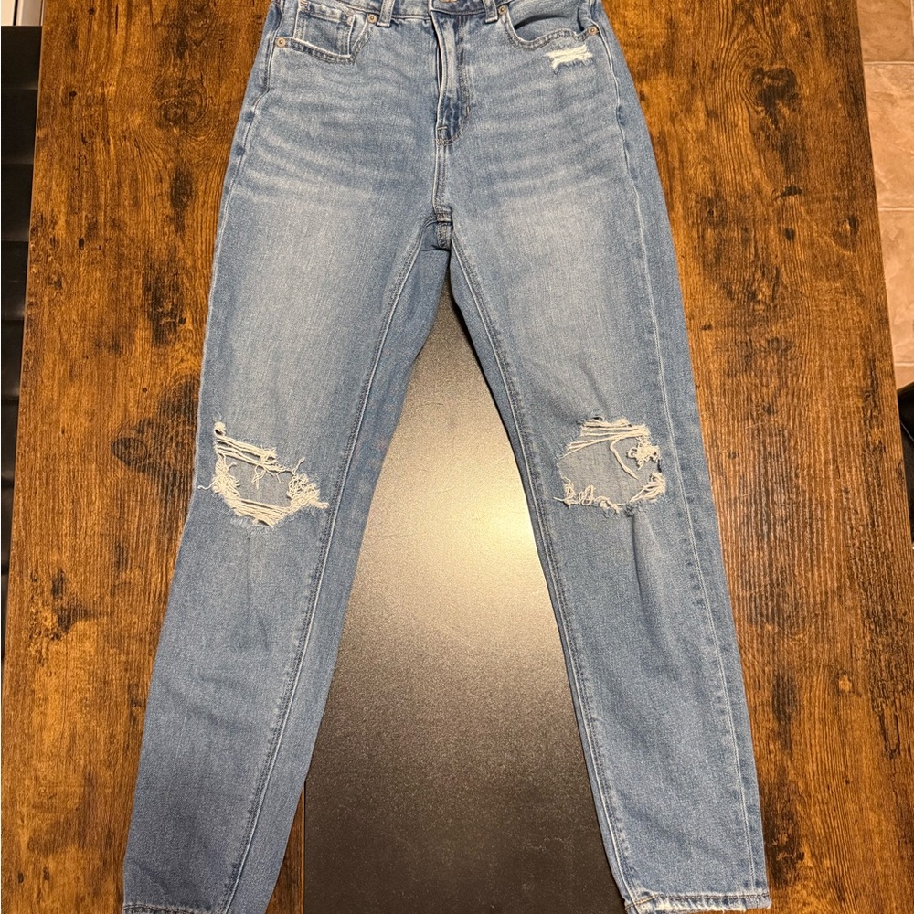American Eagle Mom Medium Blue Ripped High Rise Jeans